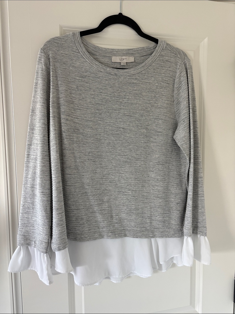 LOFT Light Gray Knit Top with White Ruffle Hem